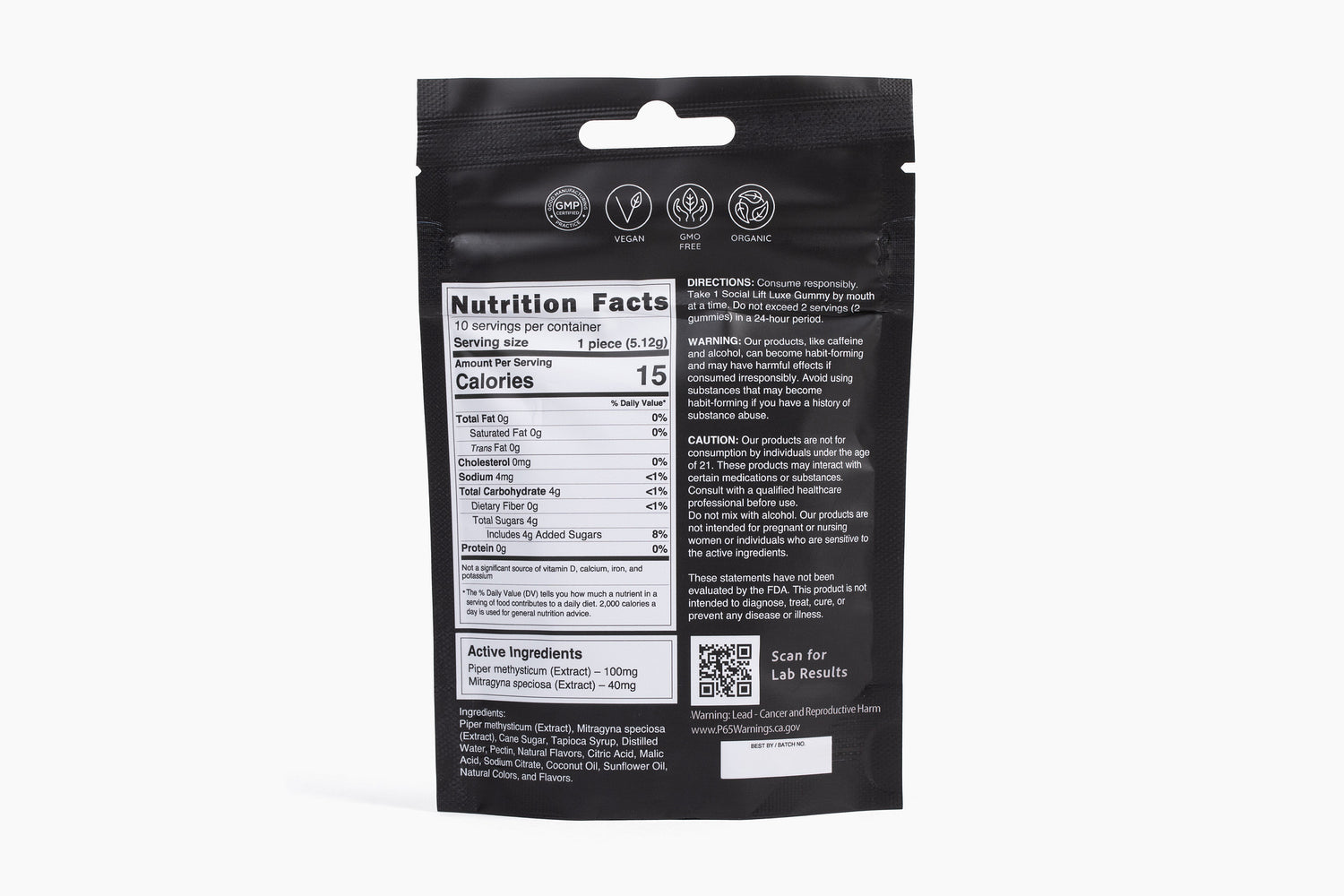 Back of EarthEnvi Social Lift Gummy Bag showing supplement facts and ingredient list